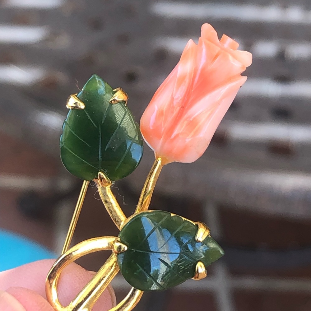 Vintage Carved Coral & Jade Brooch Pin
